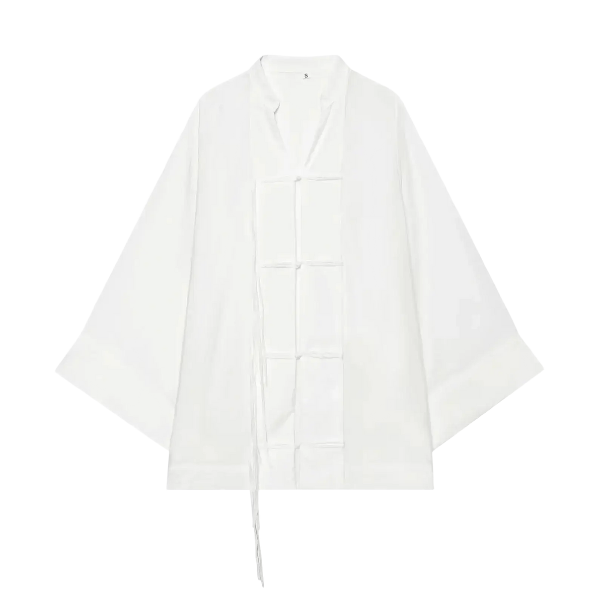 A white loose-fitting traditional-style jacket with wide sleeves and square fabric tab closure for casual shirts