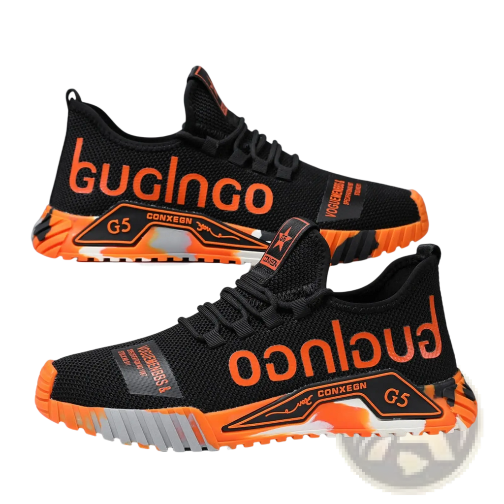 Black and orange casual sneakers guglingo g5 with mesh upper and chunky sole featuring gray and white accents