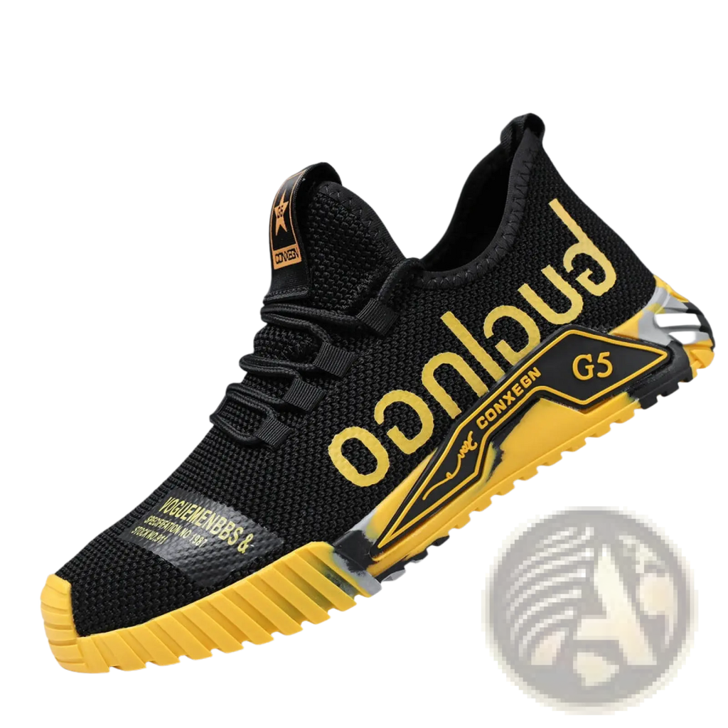 Casual sneakers guglingo g5 lightweight mesh shoes in black and yellow with bold lettering and textured rubber sole