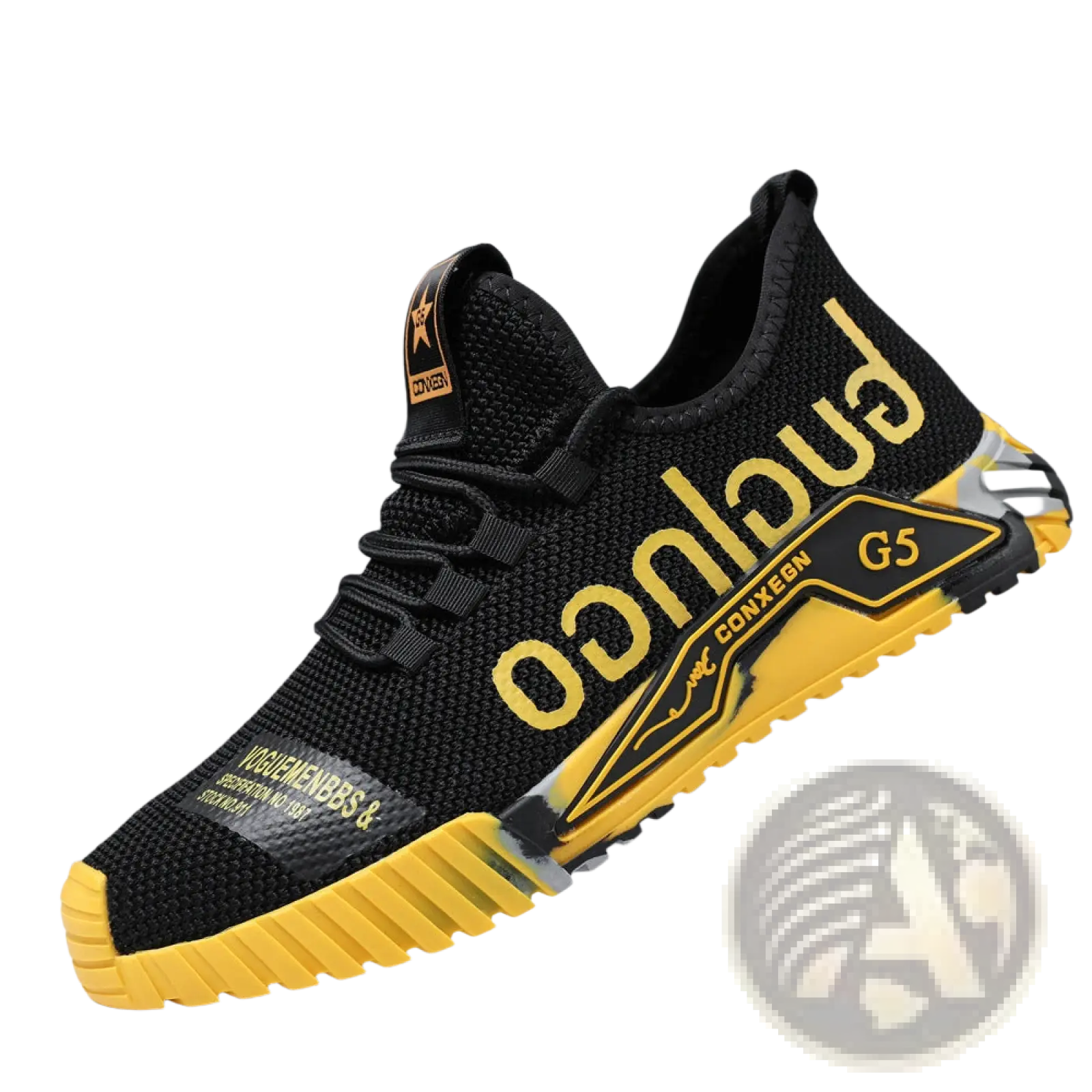 Casual sneakers guglingo g5 lightweight mesh shoes in black and yellow with bold lettering and textured rubber sole