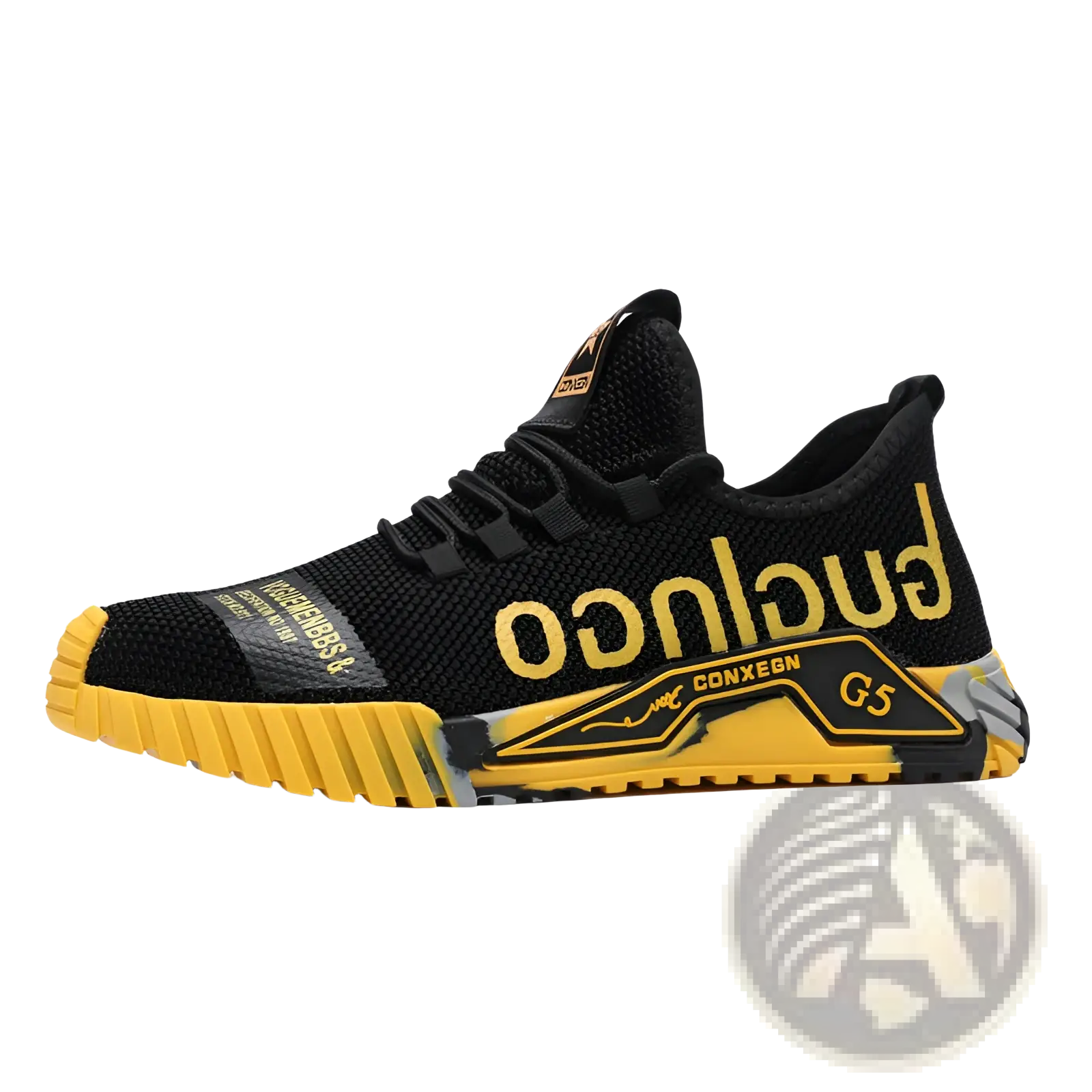 Black and yellow casual sneakers guglingo g5 with lightweight mesh upper bold gold lettering and textured rubber sole