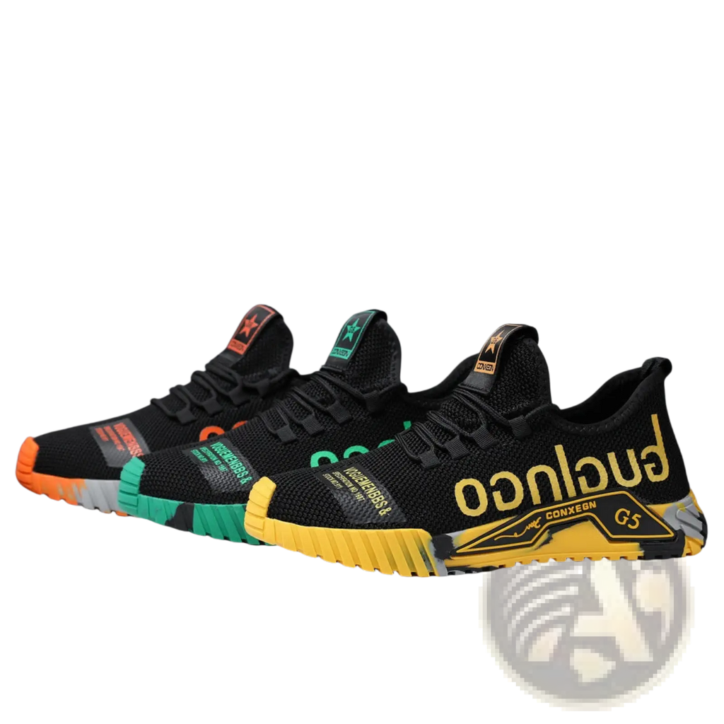 Black mesh casual sneakers Guglingo G5 with bold yellow green and orange accents on soles and side panels