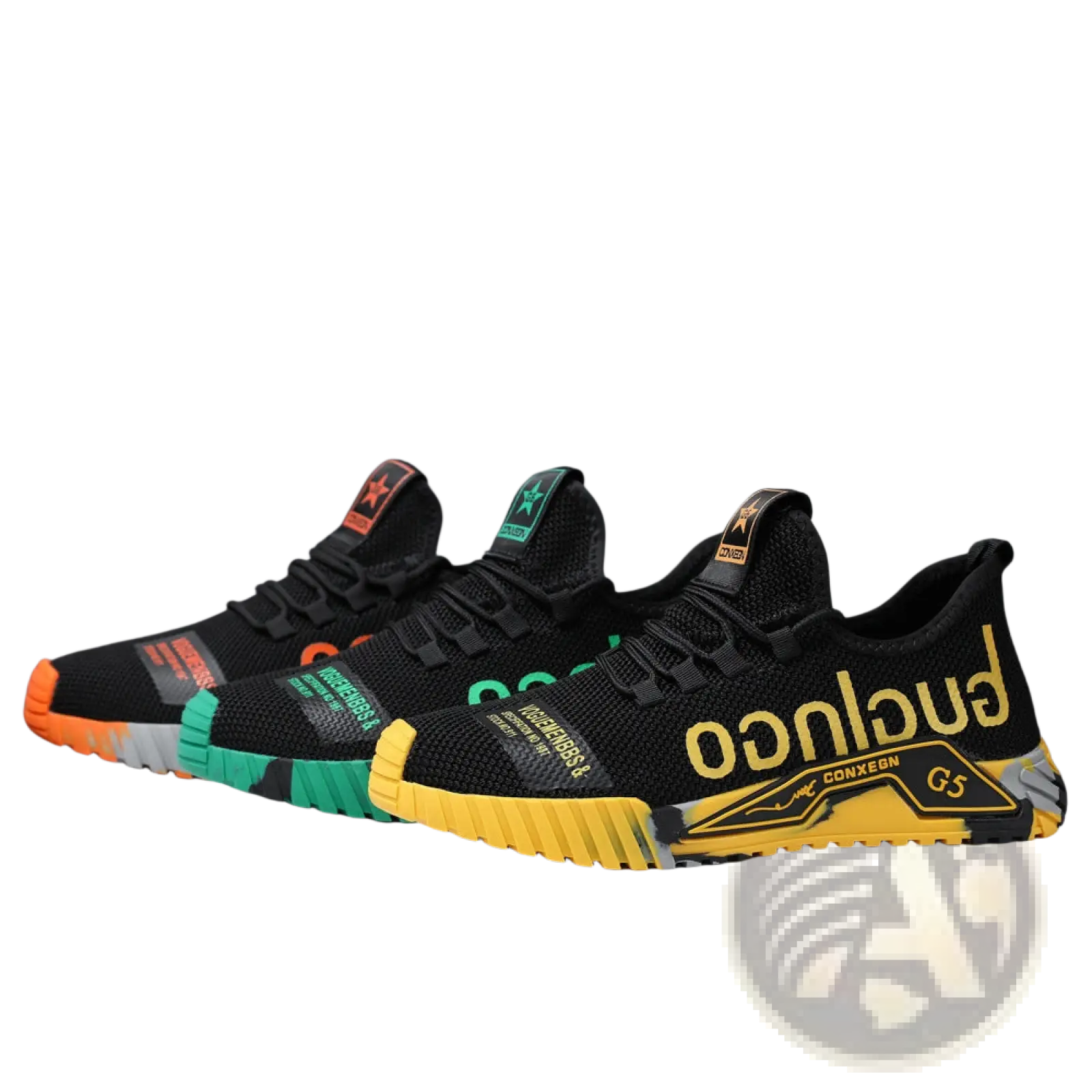 Black mesh casual sneakers Guglingo G5 with bold yellow green and orange accents on soles and side panels
