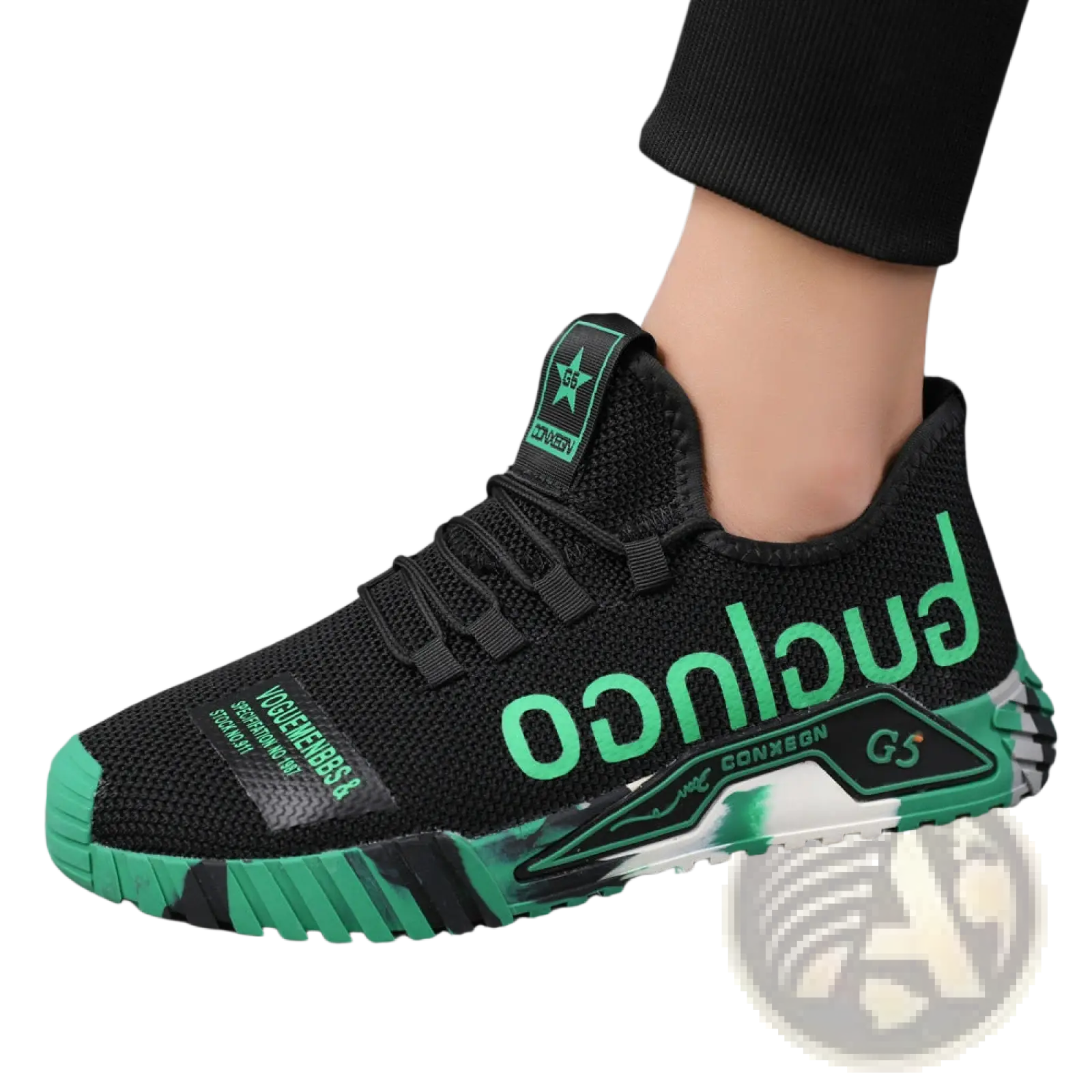 Casual sneakers Guglingo G5 lightweight black and green mesh shoes with bold neon green lettering and textured sole design