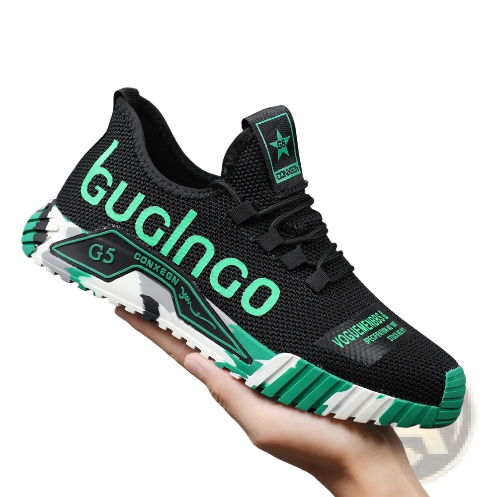 Casual sneakers guglingo g5 lightweight black and neon green mesh shoes with bold lettering and geometric accents