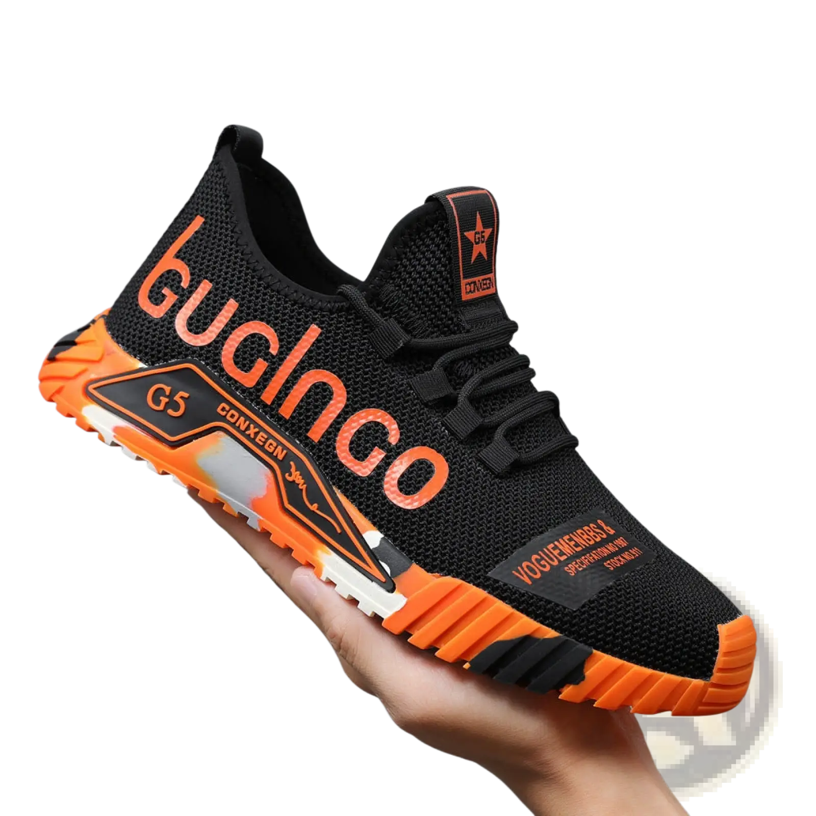 Black and orange mesh casual sneaker guglingo g5 with bold branding on the side lightweight breathable shoe