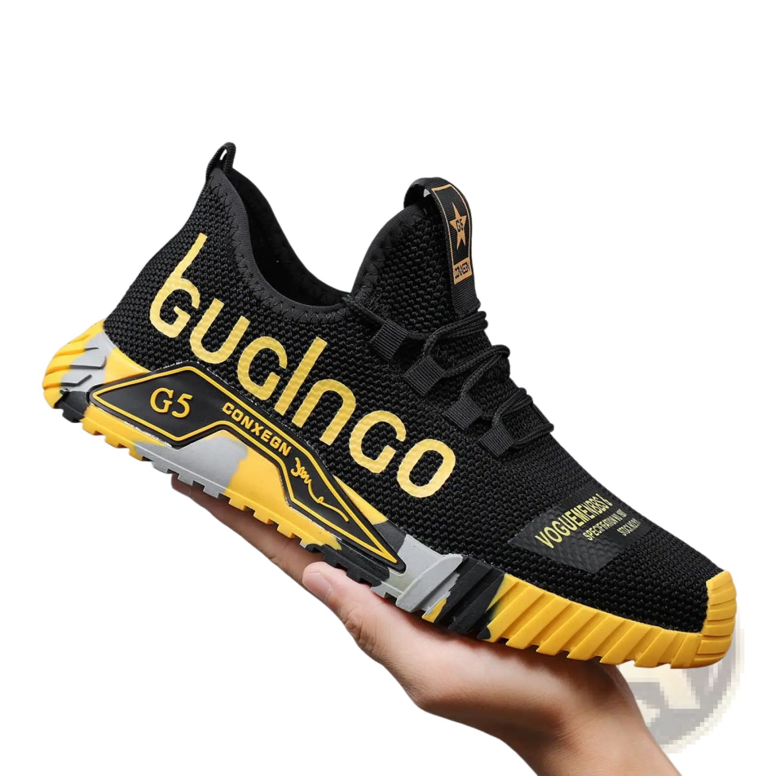 Black and yellow casual sneakers guglingo g5 with bold branding textured mesh upper and rubber sole for lightweight wear