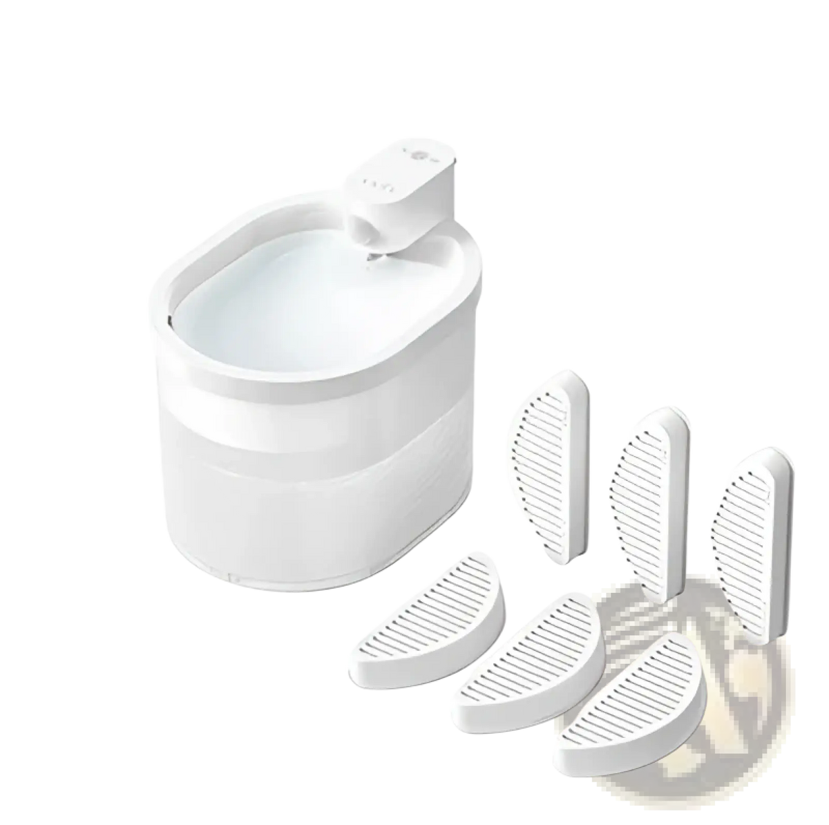 White plastic cat automatic water dispenser wireless pet fountain with four matching filter cartridges displayed