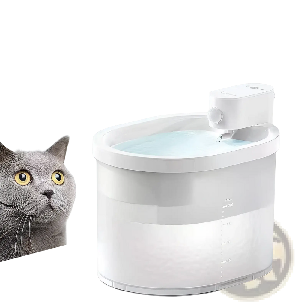 White plastic cat automatic water dispenser wireless pet fountain with clear reservoir and measurement markings