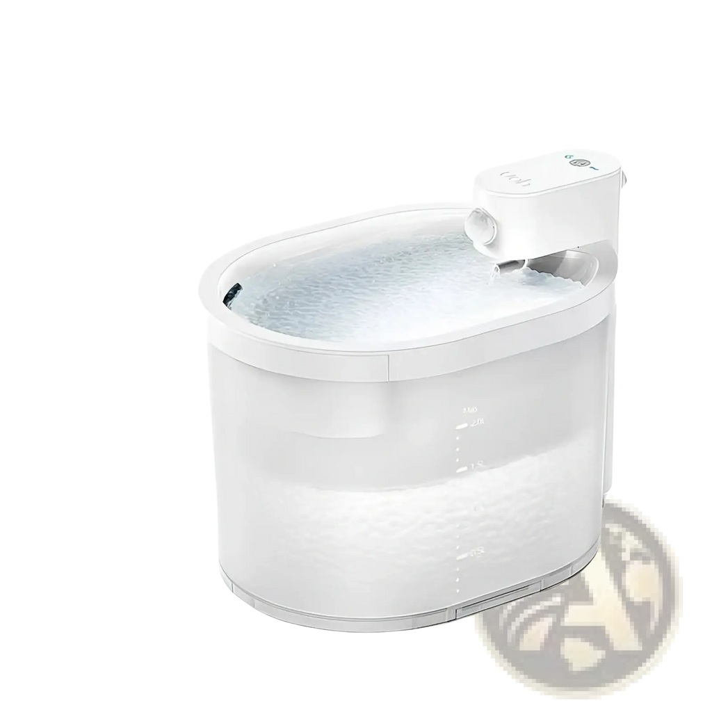 White plastic cat automatic water dispenser with clear oval reservoir and integrated pump unit on top