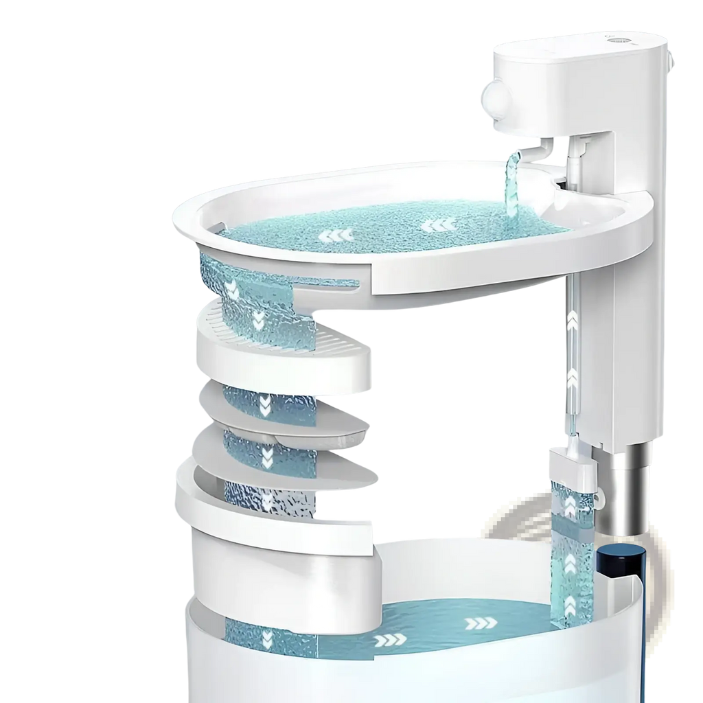 White multi-tiered cat automatic water dispenser with clear blue water flowing through spiral tiers and sleek design