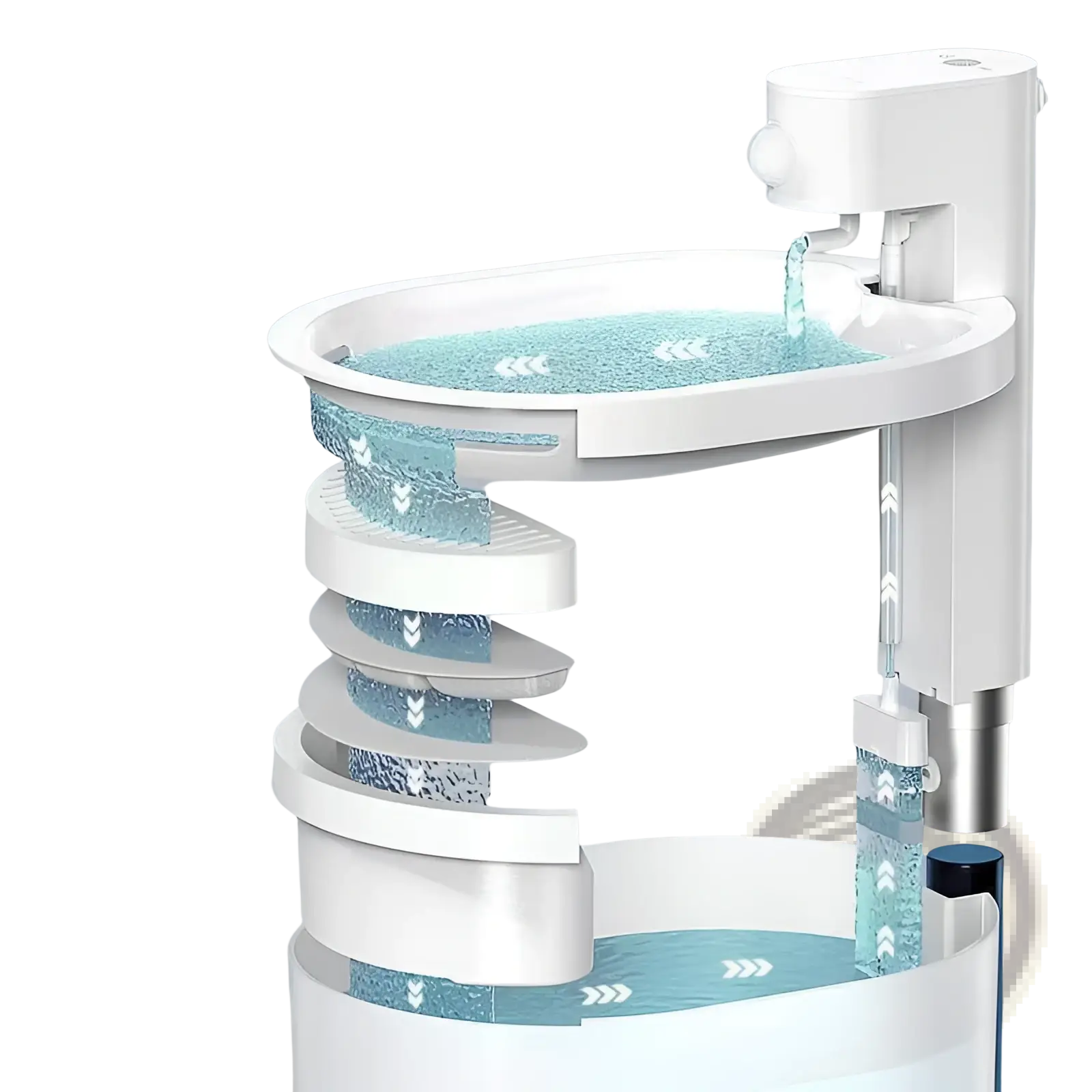 White multi-tiered cat automatic water dispenser with clear blue water flowing through spiral tiers and sleek design