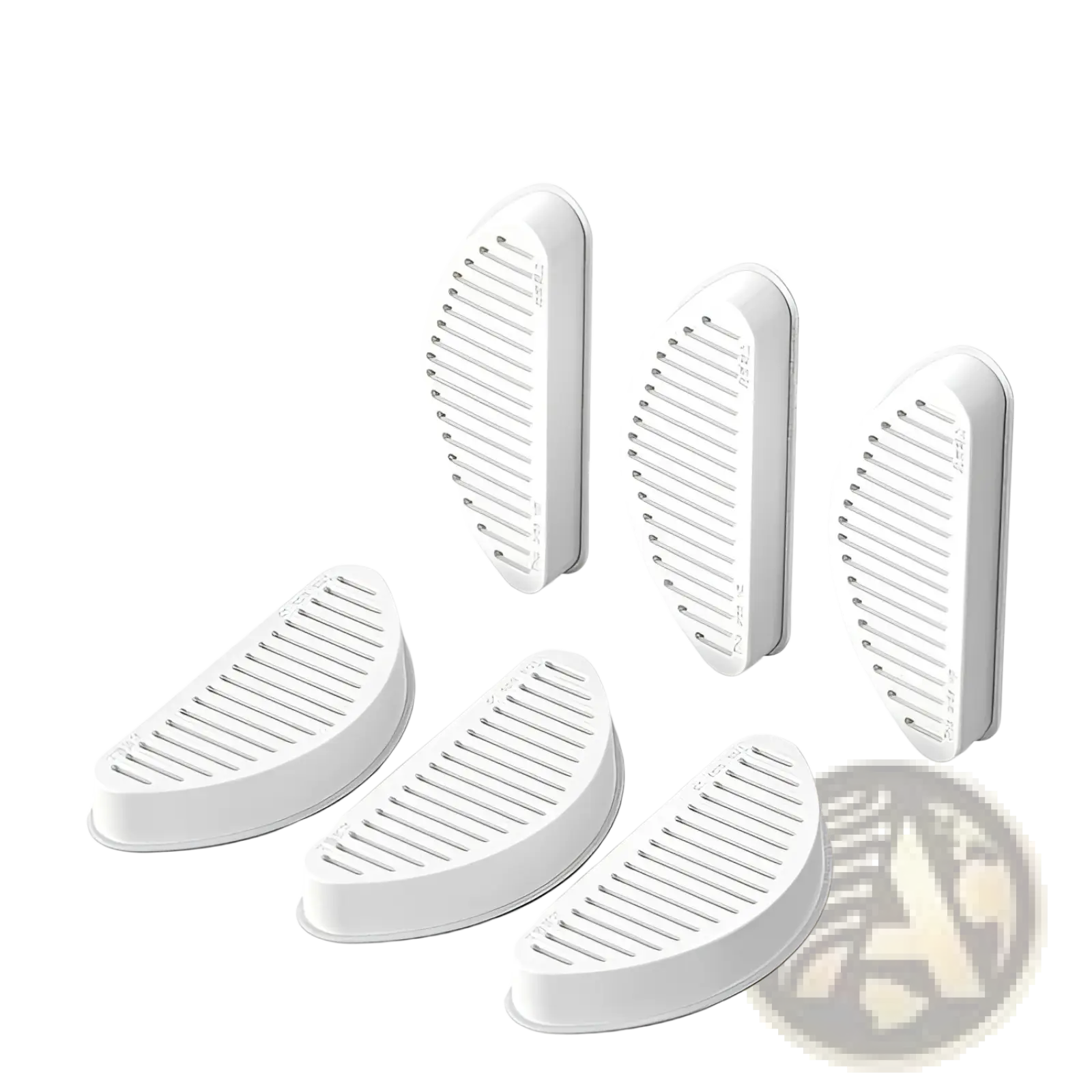 White plastic shoe wedge inserts with semi-circular design and horizontal slats for cat automatic water dispenser