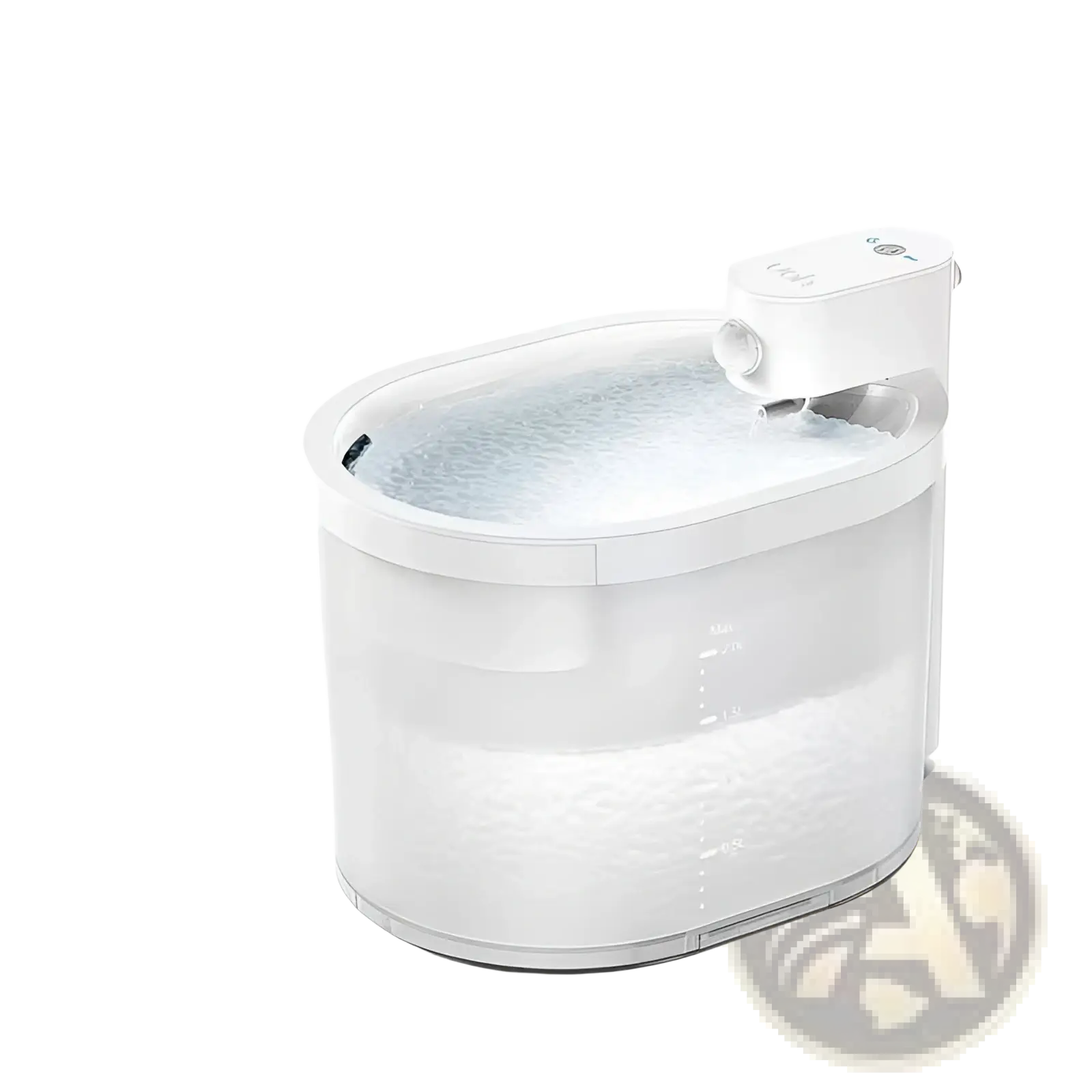 White plastic cat automatic water dispenser with clear reservoir and small pump unit for wireless pet hydration