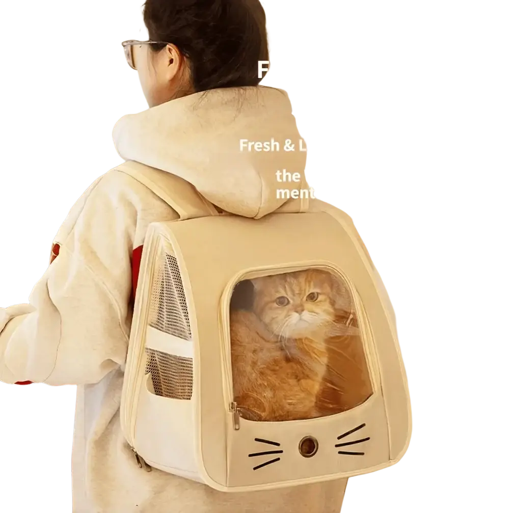 Beige cat backpack and towel set portable pet carrier with mesh sides and clear window featuring whisker detail