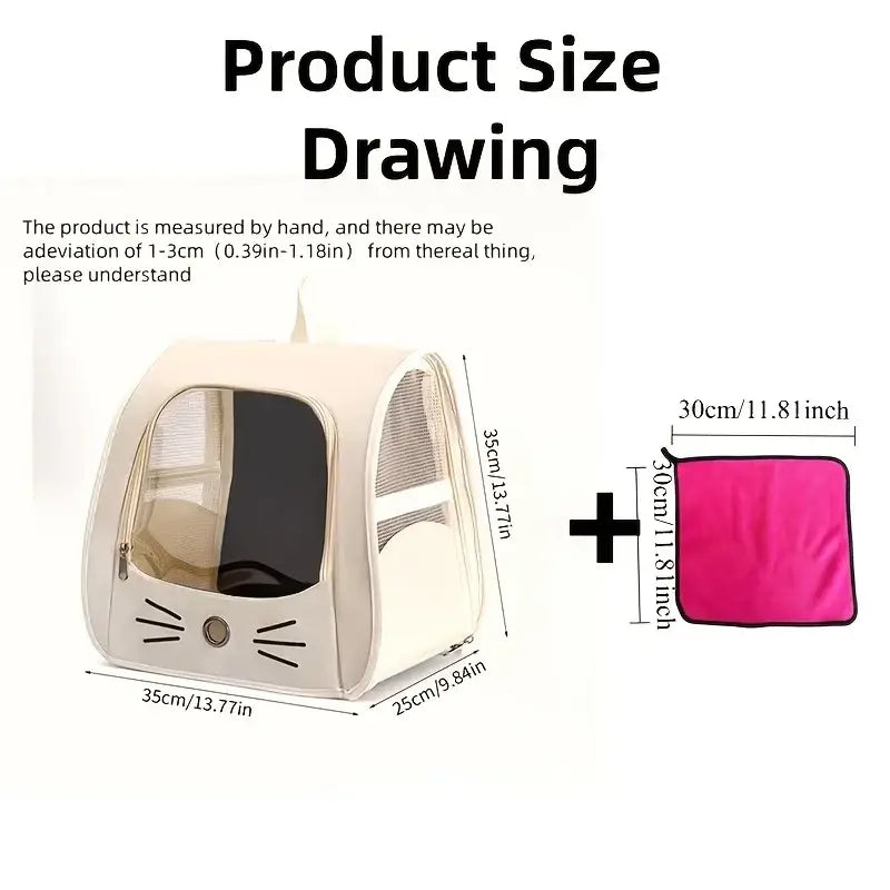 Beige cat-shaped portable pet carrier backpack with mesh sides and pink towel set for comfortable travel