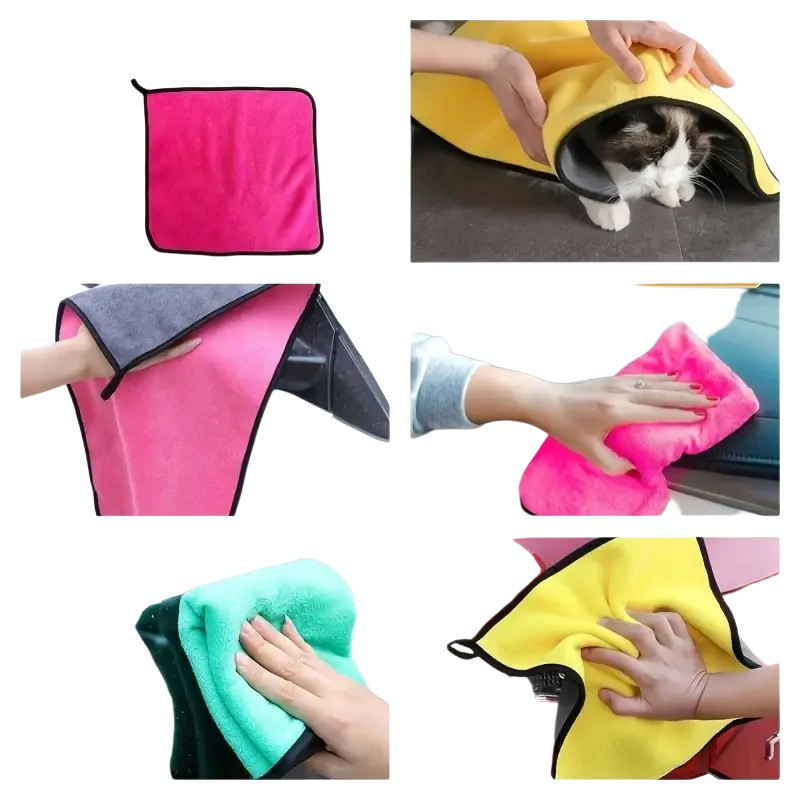 Cat backpack and towel set featuring a bright pink microfiber car cleaning cloth with black trim for vehicle care