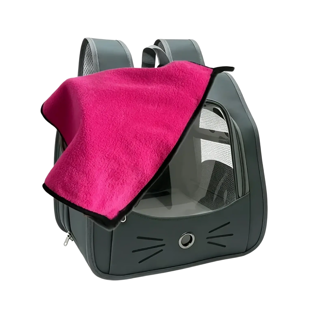 Dark gray cat backpack pet carrier with transparent front panel black whisker cutouts and pink fleece blanket draped on top