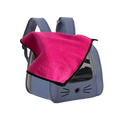 A gray cat-themed portable pet carrier backpack with a pink fleece blanket draped over the top for comfort