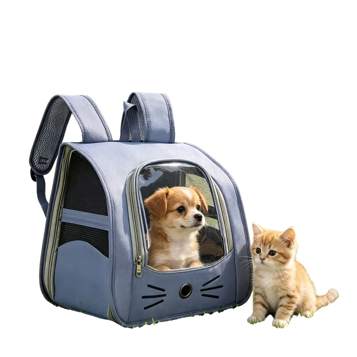 Light blue cat backpack and towel set portable pet carrier with clear front window cat-face design and mesh ventilation sides