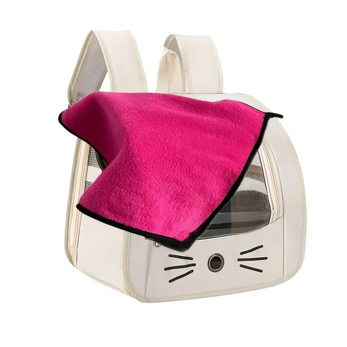 A white cat-themed portable pet carrier backpack with transparent front panel and pink plush towel draped on top