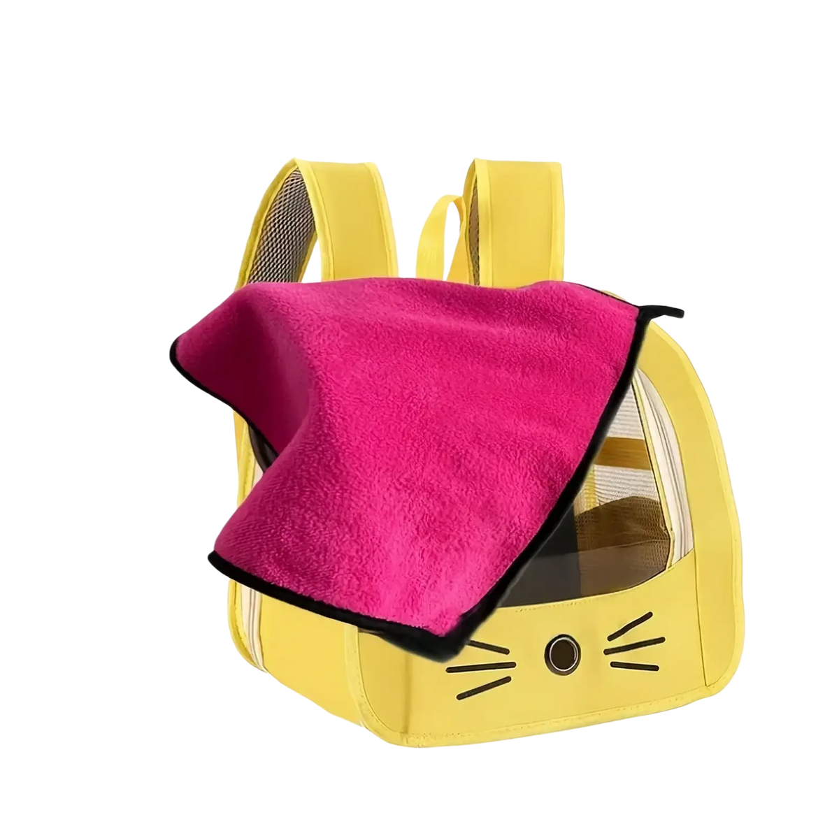 Yellow cat-shaped pet carrier backpack with pink fleece blanket attached for portable pet comfort and warmth