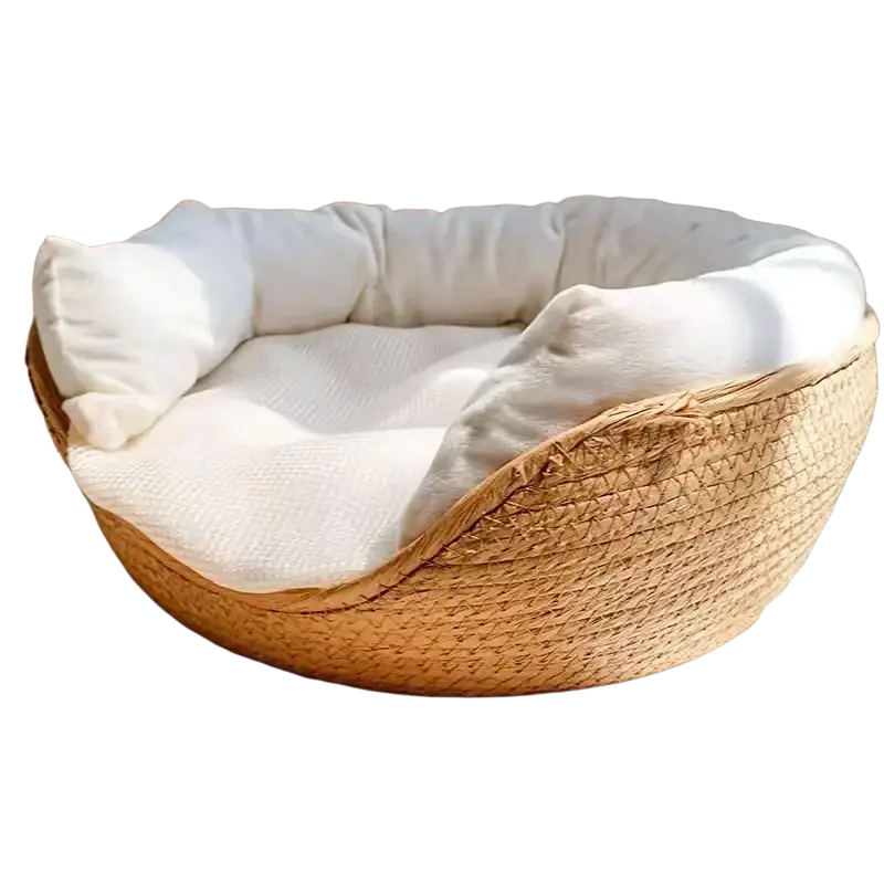 Cozy round cat bed sleeping bag with woven paper rope exterior and plush white cushioning for comfortable rest