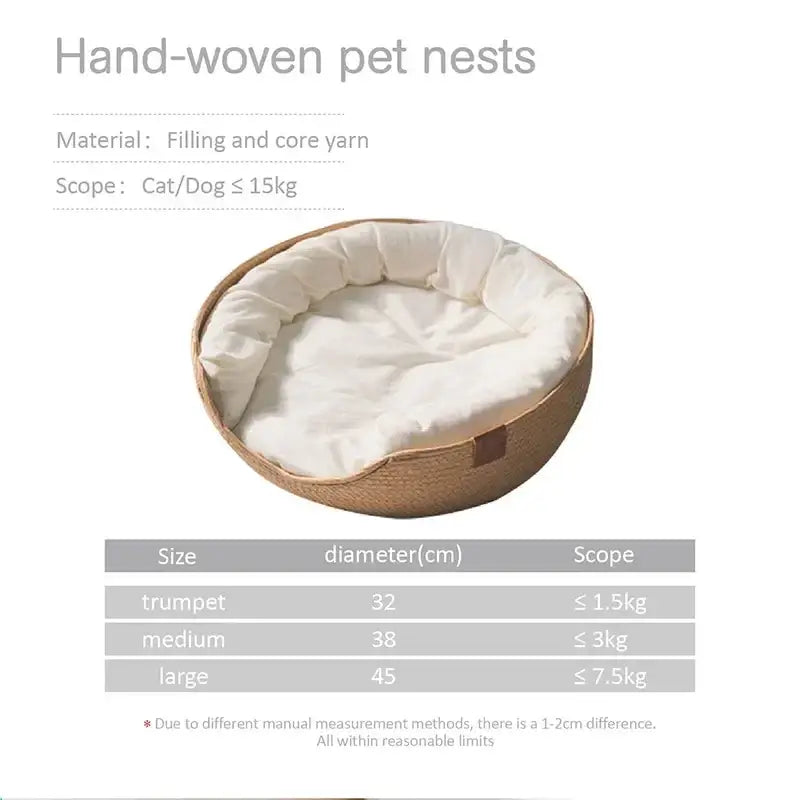 Hand-woven cat bed paper rope sleeping bag with natural woven exterior and soft white inner lining for pets