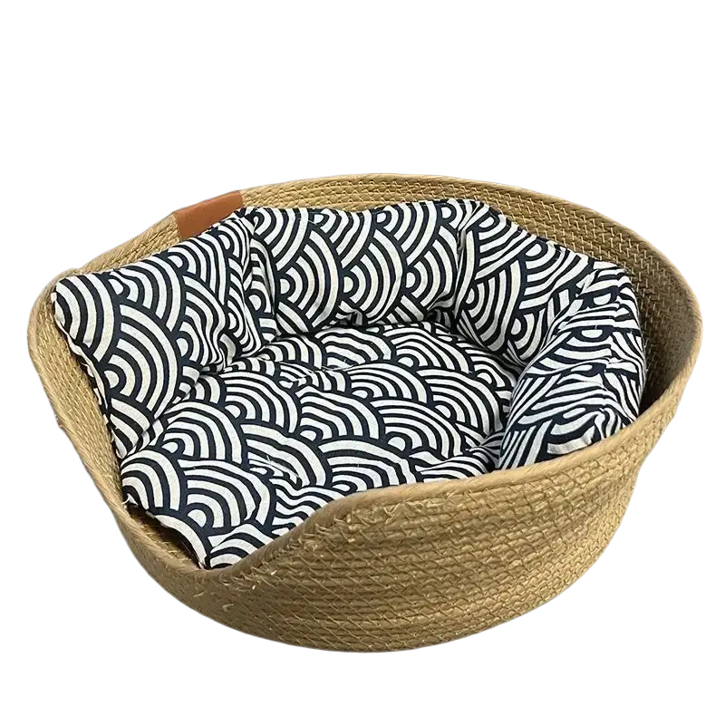 Woven natural fiber cat bed paper rope sleeping bag with black and white wave patterned cushion for pets