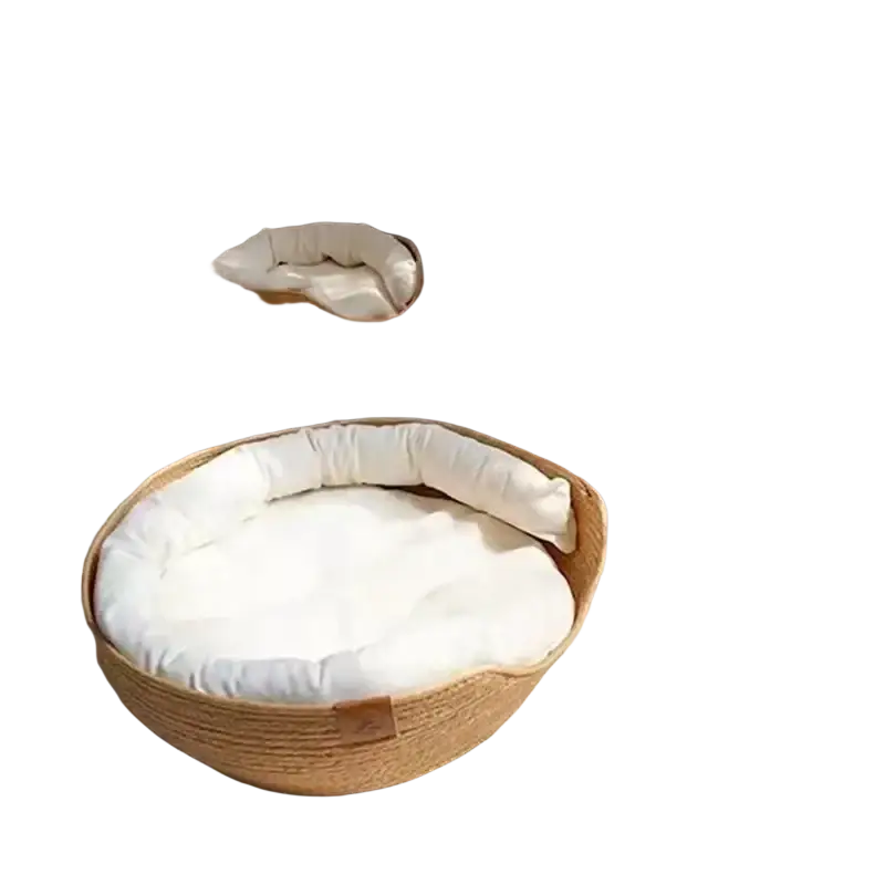 Cat bed paper rope woven sleeping bag with a white plush cushion and soft rounded edges for comfortable rest