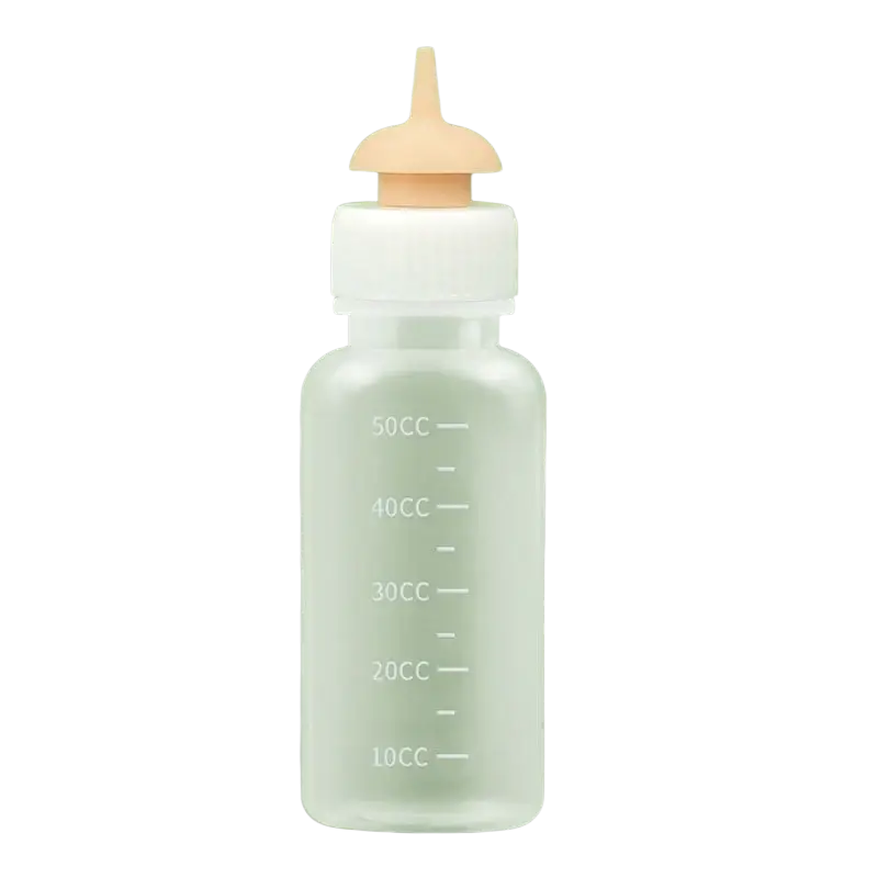 Transparent plastic cat bottle feeder with a white screw-on cap and peach silicone nipple with measuring scale