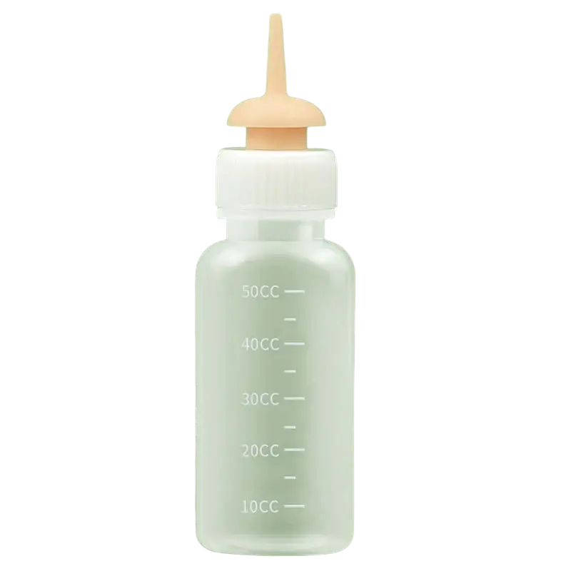 Transparent plastic cat bottle feeder with white cap, peach dropper tip, and 10cc to 50cc measuring scale unique design