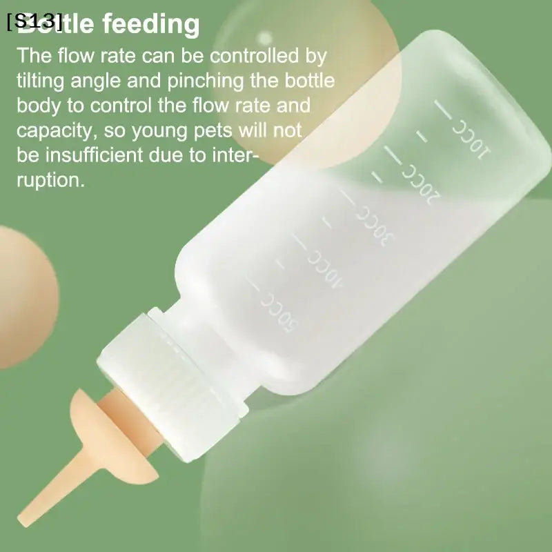 Transparent plastic cat bottle feeder with white cap peach nipple and measuring scale for newborn pets unique design