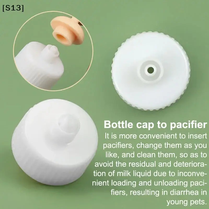 White plastic cap with textured rim and nipple opening for cat bottle feeder with measuring scale unique design