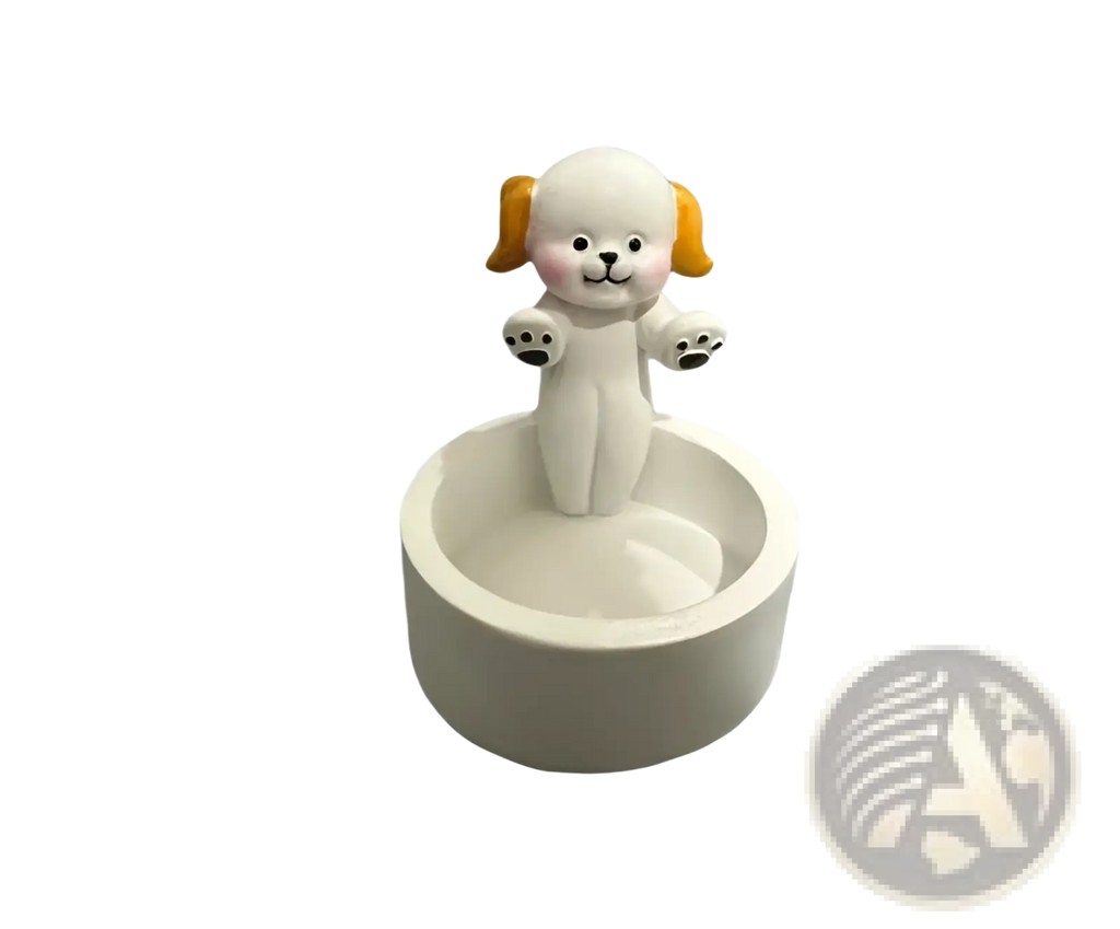Cat candlestick holder ceramic kitten tea light stand with white dog figurine orange ears and pink cheeks on bowl
