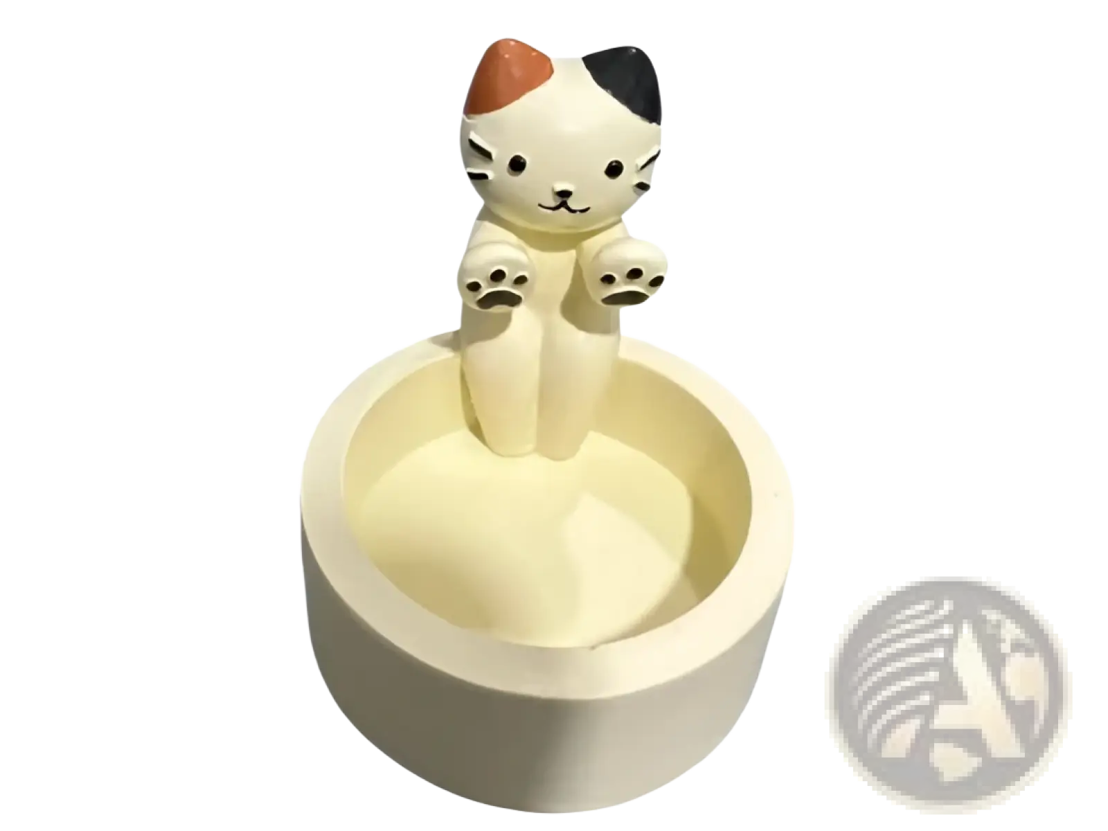 Cream-colored ceramic cat candlestick holder with calico cat figurine and circular ashtray design for tea light candles
