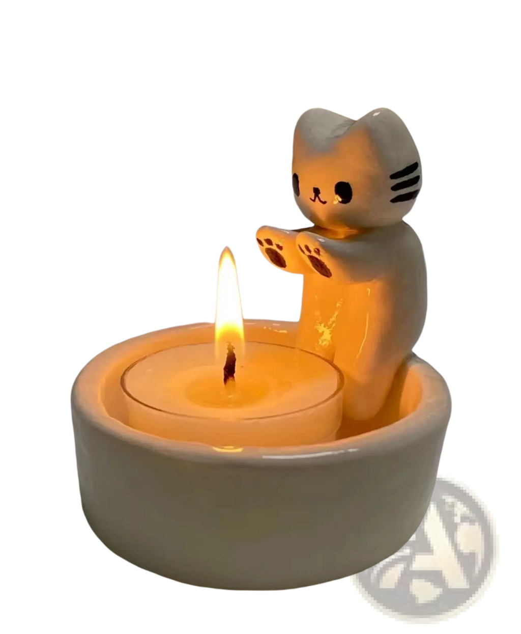 Ceramic cat candlestick holder with white glossy finish black whiskers and paw prints on ceramic kitten tea light stand