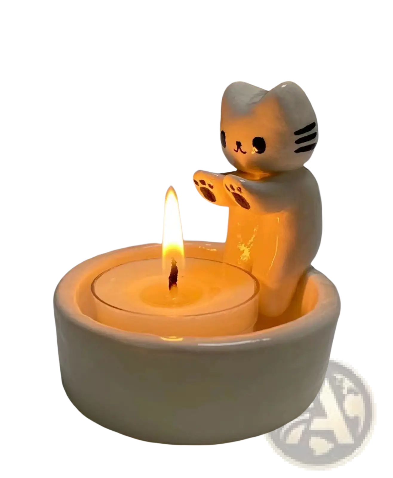 Ceramic cat candlestick holder with white glossy finish black whiskers and paw prints on ceramic kitten tea light stand