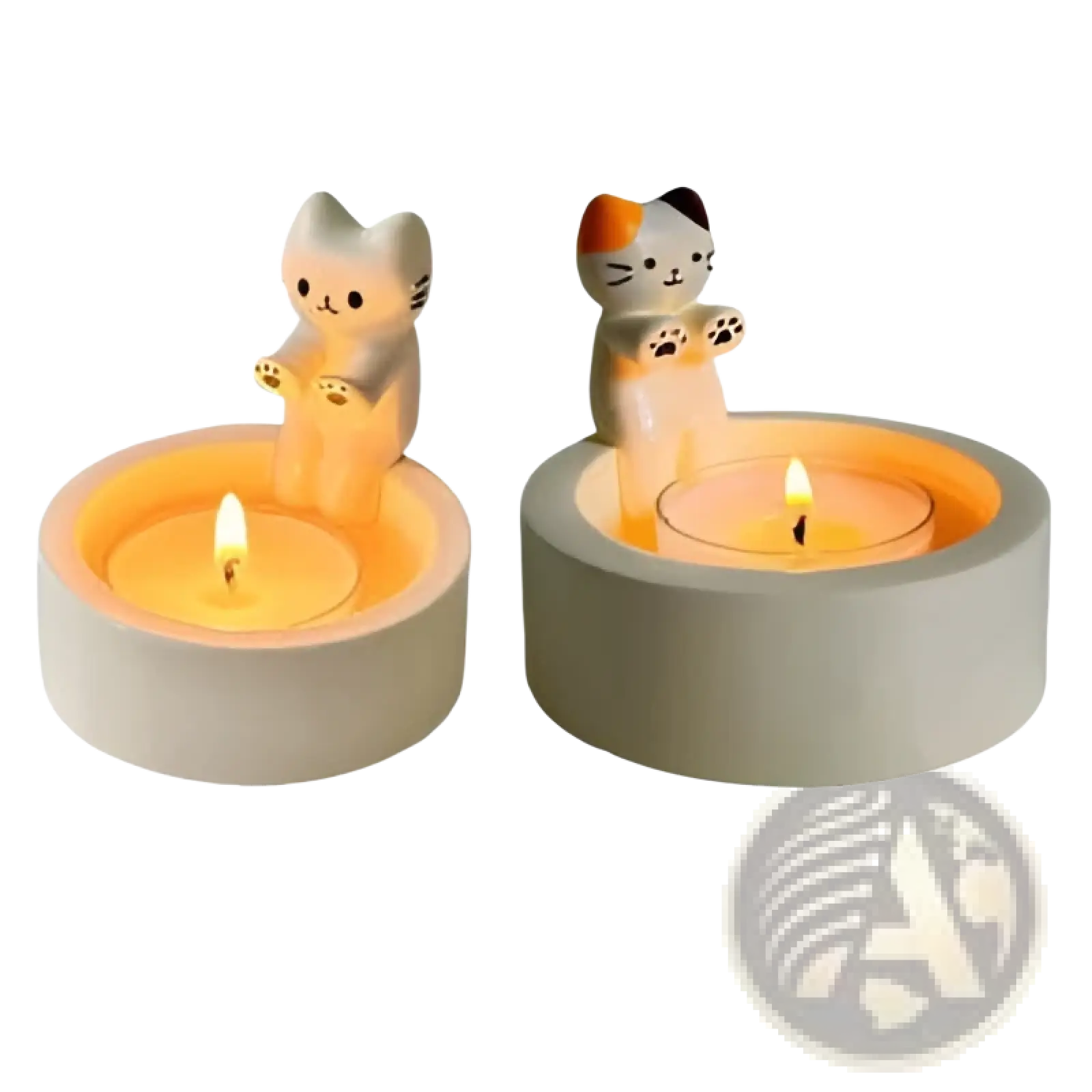 Two ceramic cat candlestick holders featuring orange and white markings on tealight stands for home decor