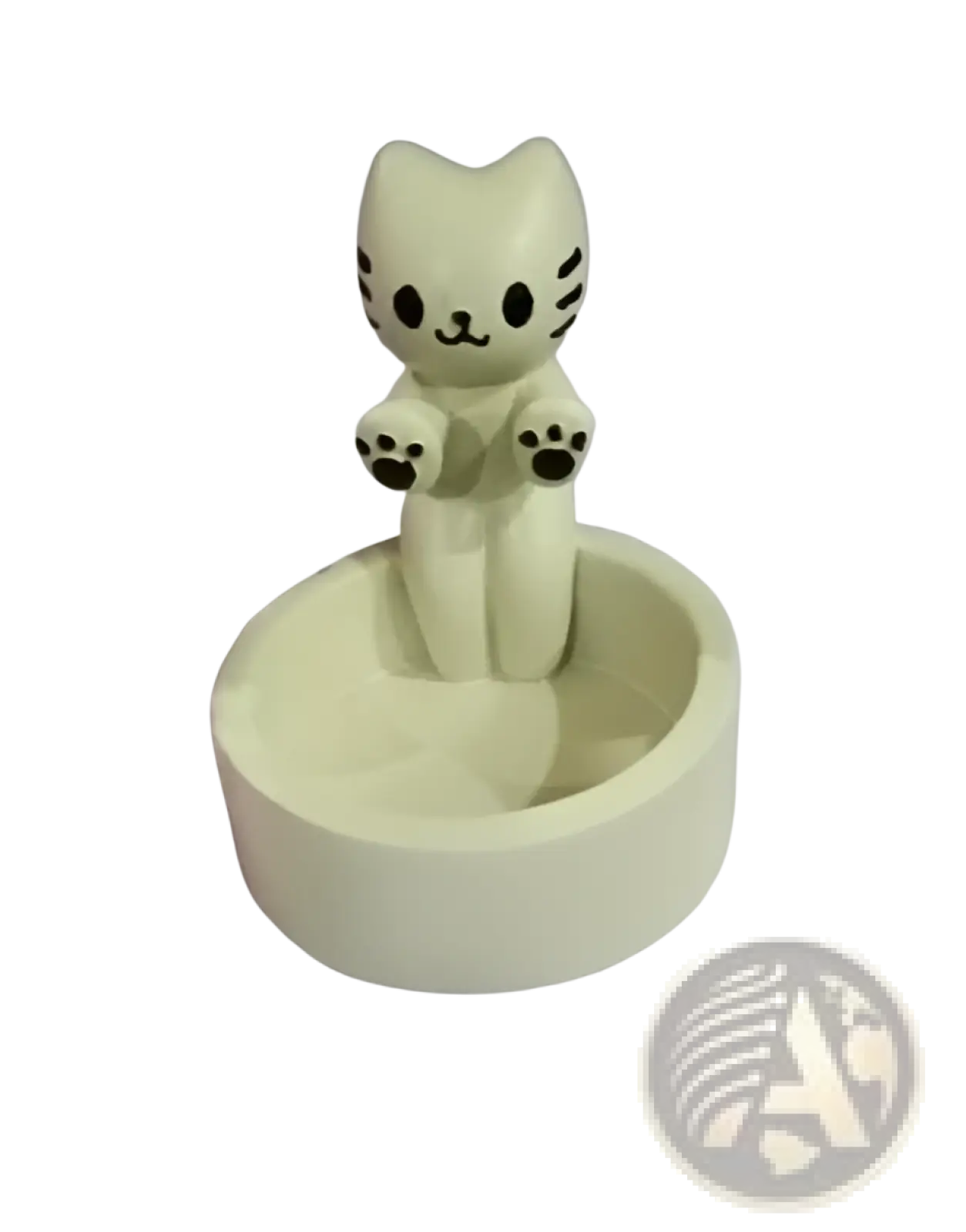 Cream-colored 3d-printed ceramic cat candlestick holder with black paw prints and facial details on circular base