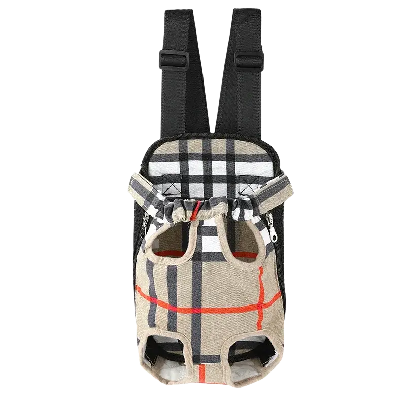 Beige and black plaid cat carrier backpack with red accent lines, adjustable straps, and front zipper closure for travel