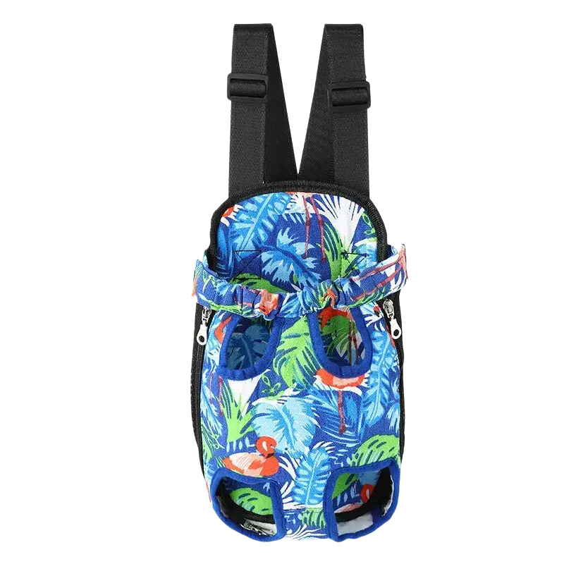 Blue tropical print cat carrier backpack with black straps and adjustable side zippers for small dog travel use