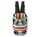 A colorful striped cat carrier backpack with black adjustable straps and blue-trimmed openings for small dog travel