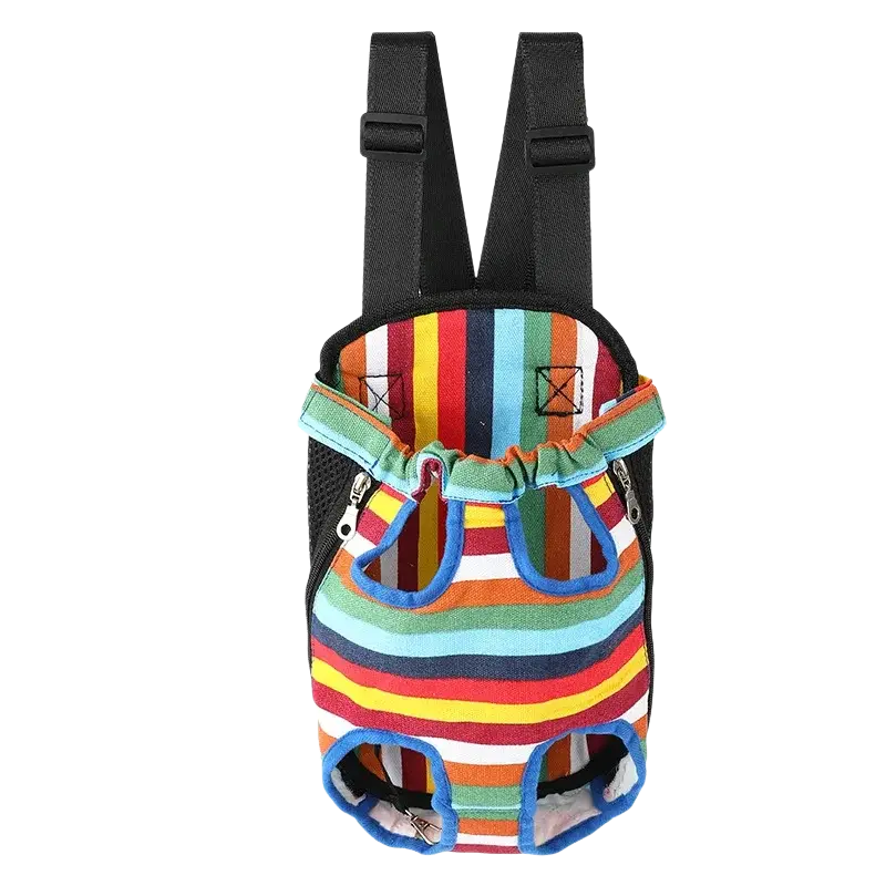 A colorful striped cat carrier backpack with black adjustable straps and blue-trimmed openings for small dogs