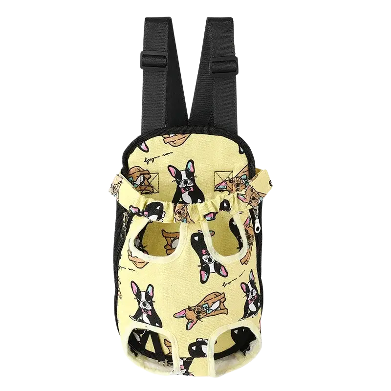 Yellow fabric cat carrier backpack with black straps and playful cartoon french bulldog pattern for small dog travel