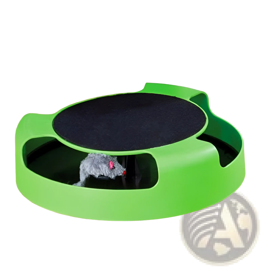 Bright green plastic cat catch interactive mouse hunting toy with black textured top and gray plush mouse inside