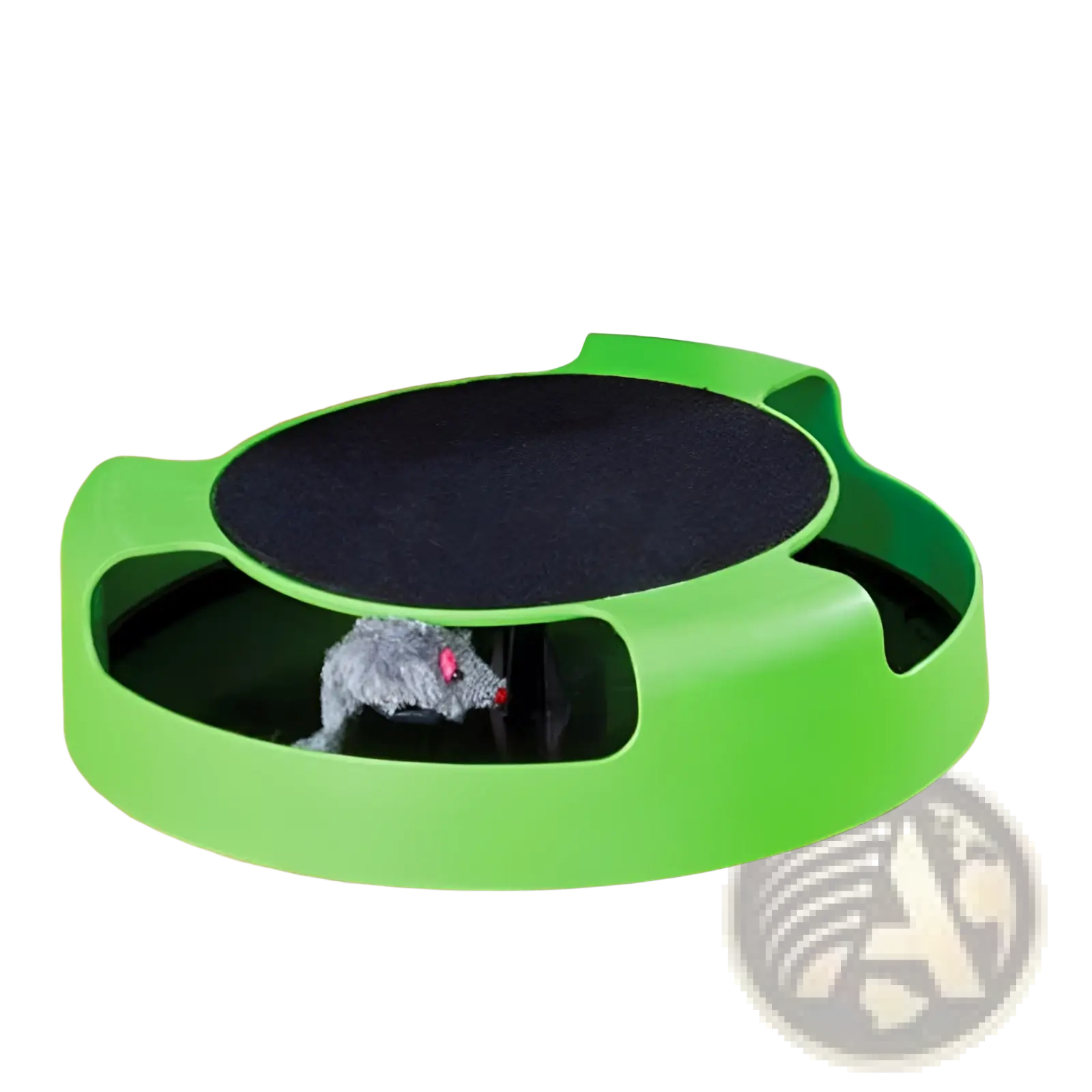Bright green plastic cat catch interactive mouse hunting toy with black textured top and gray plush mouse inside