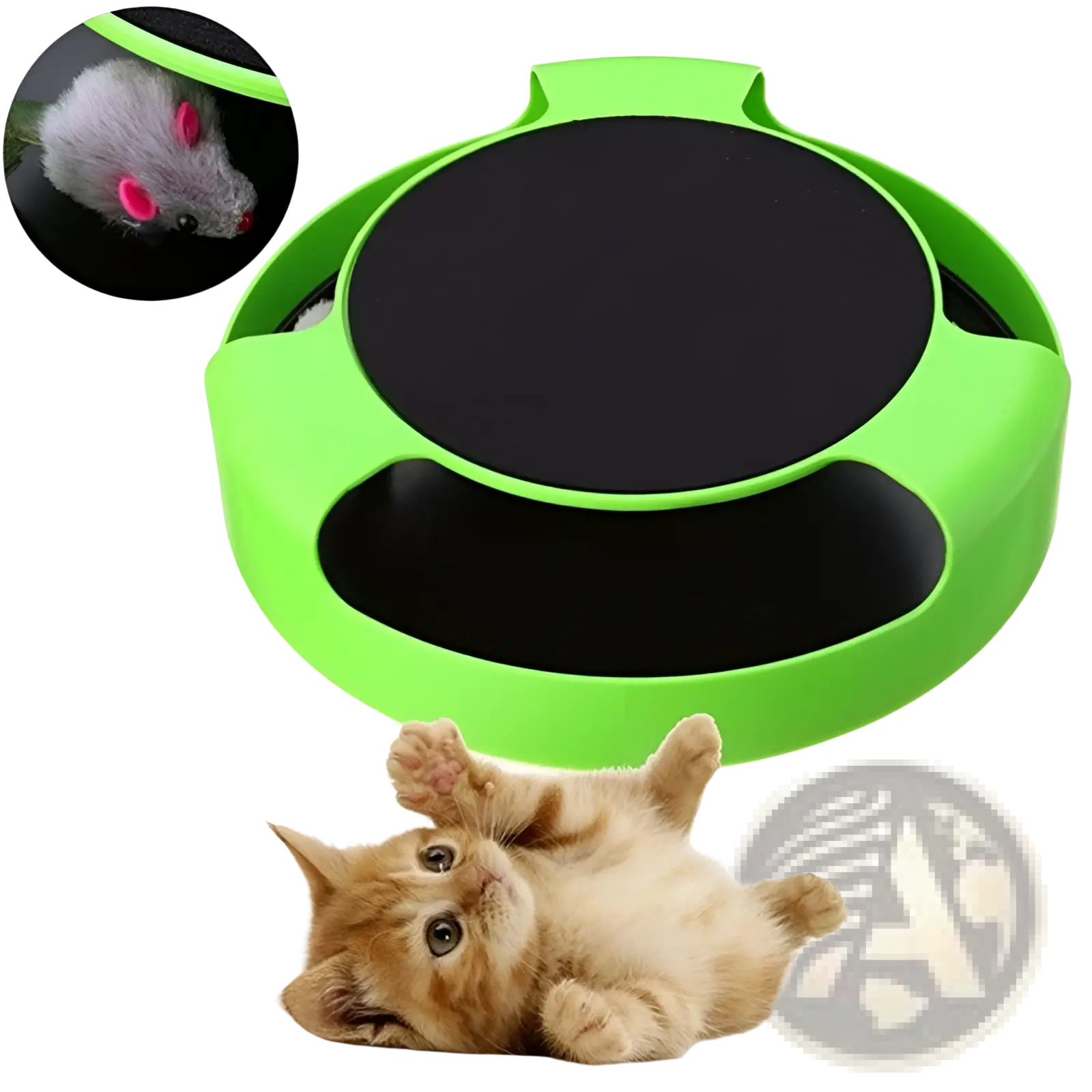 Bright green circular cat catch interactive mouse hunting toy with black scratching surface and plush mouse inset