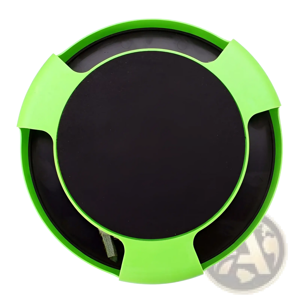 Bright green circular plastic cat catch interactive mouse hunting toy with black central pad and three cutout handles