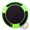Bright green circular plastic cat catch interactive mouse hunting toy with black central pad and three cutout handles